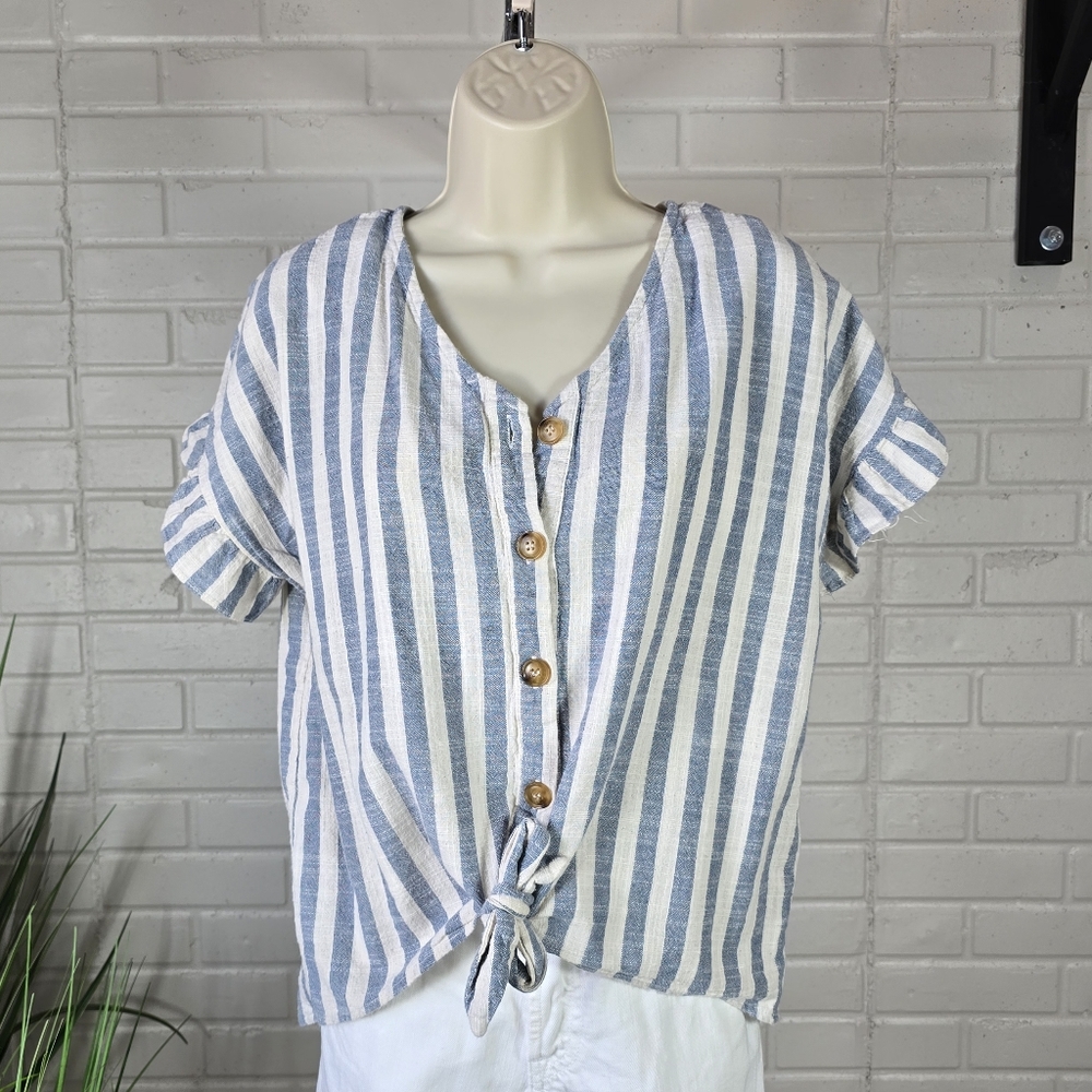 Hayden Striped Blue and White Button Front Tie Hem Top Oversized Small